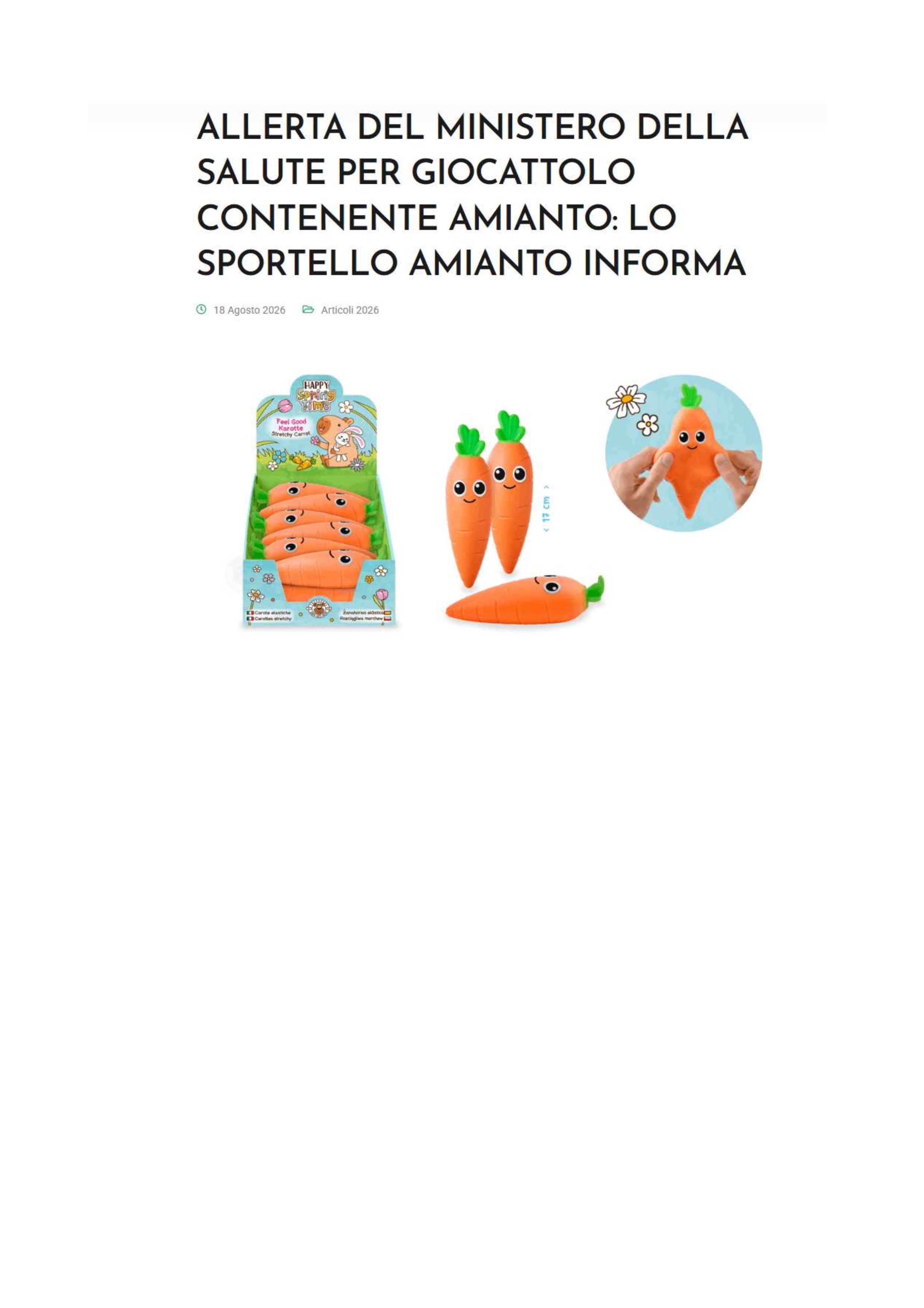 Allerta del MINISTERO DELLA SALUTE per giocattolo contenente amianto
